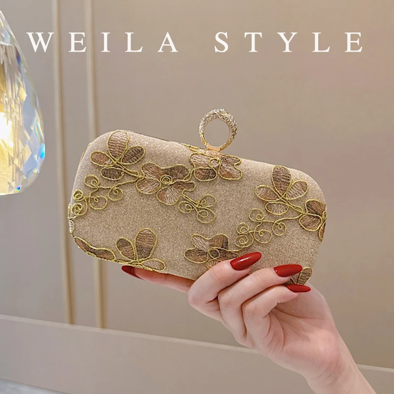 

Retro Floral Embroidered Clutch Purse, Elegant Bridal Wedding Bag, Metal Chain Evening Party Handbag