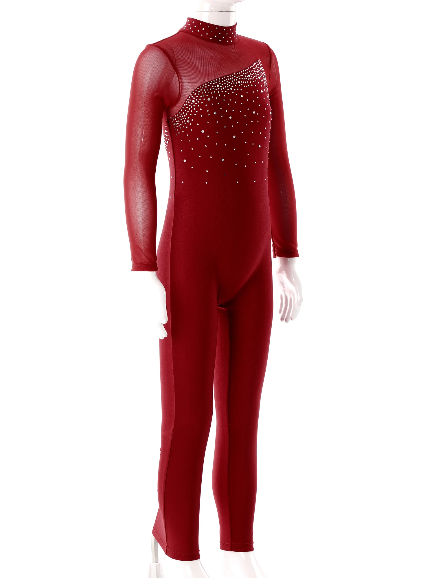 Kids Rhinestone Decorated Hollow Back Skating Jumpsuit Girls Gymnastics Bodysuit Dance Performance Suit Dance Show Costume