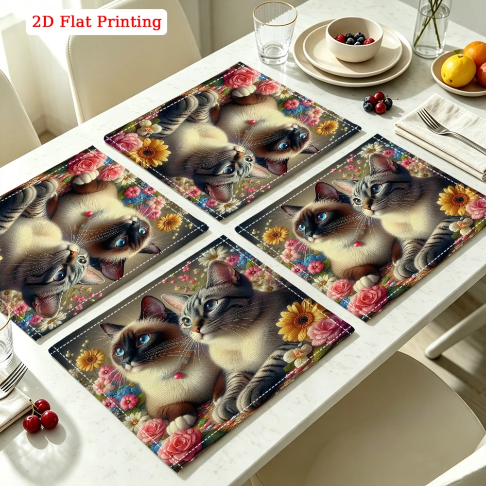 2Pcs Cute Cat And Flower Placemat Multicolor 2D Flat Printing Table Mat Kitchen Dining Decor Non Slip Heat Resistant 30X40Cm