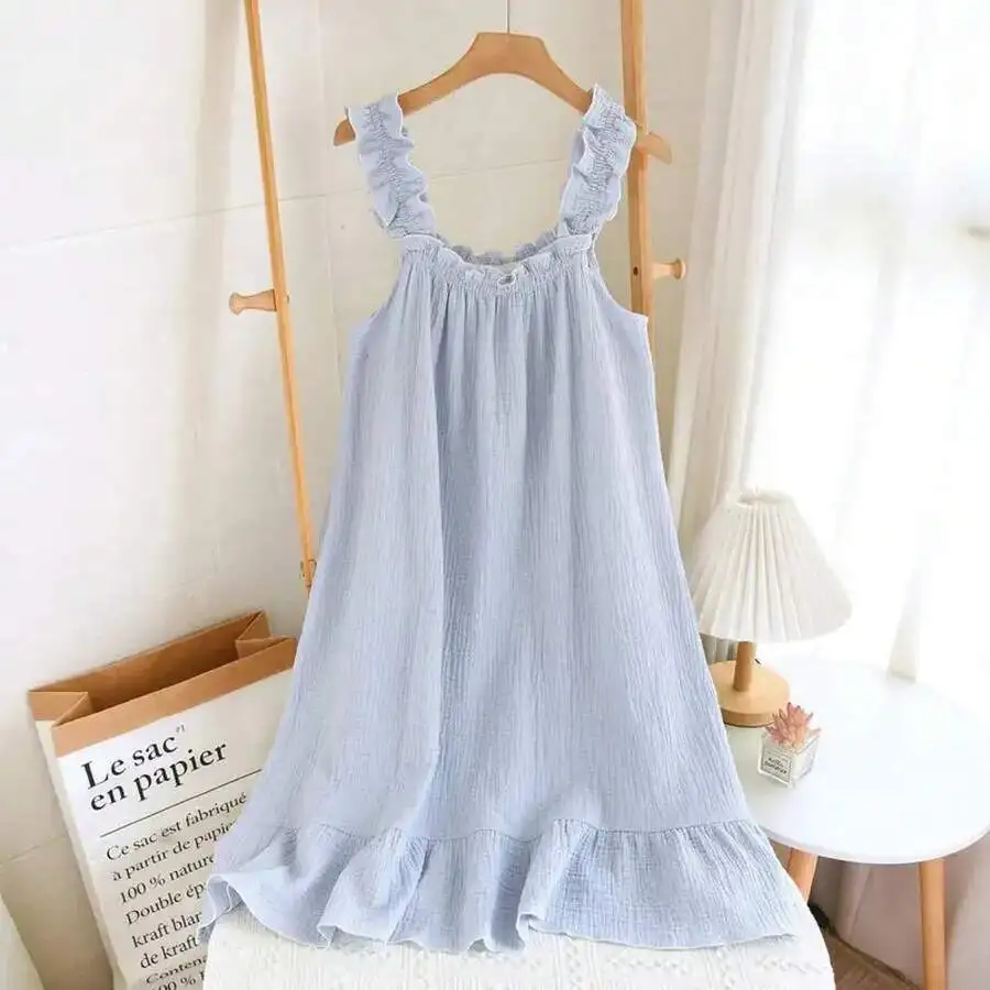

Womens Cotton Gauze Sleeveless Nightgown Loose Mid-Length Home Wear Summer