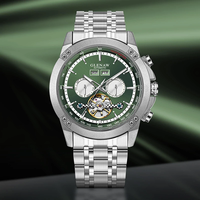 Reloj multifunción mecánico totalmente automático de marca de alta gama Glenaw, reloj resistente al agua con personalidad de negocios para hombres