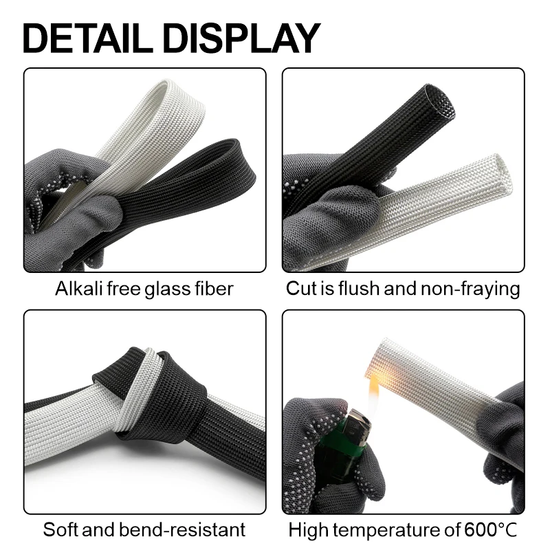 High Temp Fiberglass Insulation Sleeve 600Deg.C Fireproof Braided Tubing ID 1-10mm 10-200M for Vehicle Wiring Cable Harness