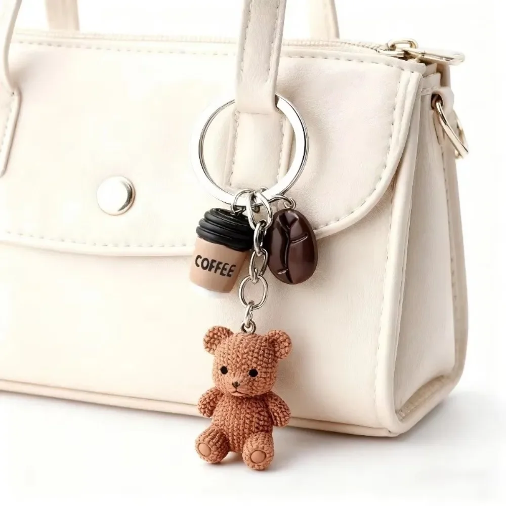 Cute Resin Bear Coffee Keychain Mini with Metal Ring Closure Pendant Keychain Cartoon Bag Charm Birthday Party Favors
