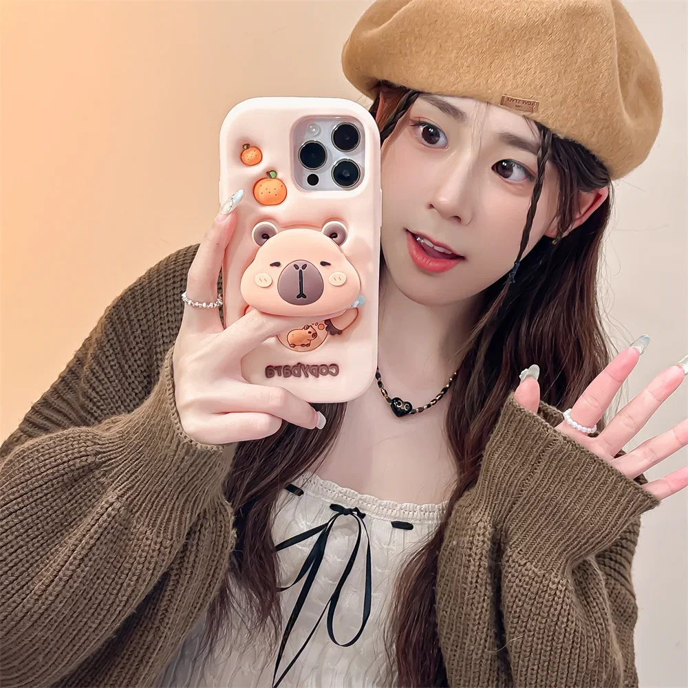 3D cartoon Kapibala holder phone case For Iphone16 15 14 13 ProMax Shockproof silicone soft Cute Anti-drop Shockproof Back Cover