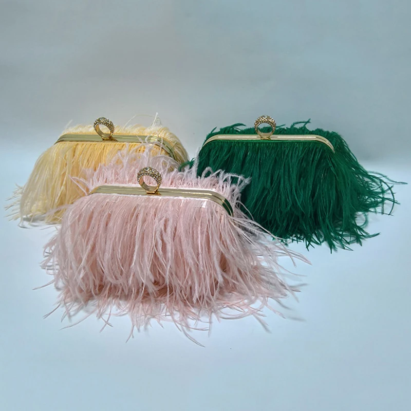 Luxury Ostrich Feather Evening Bags for Women 2024 Chain Shoulder Crossbody Bag Tassel Party Clutch Purse Green Wedding Handbags