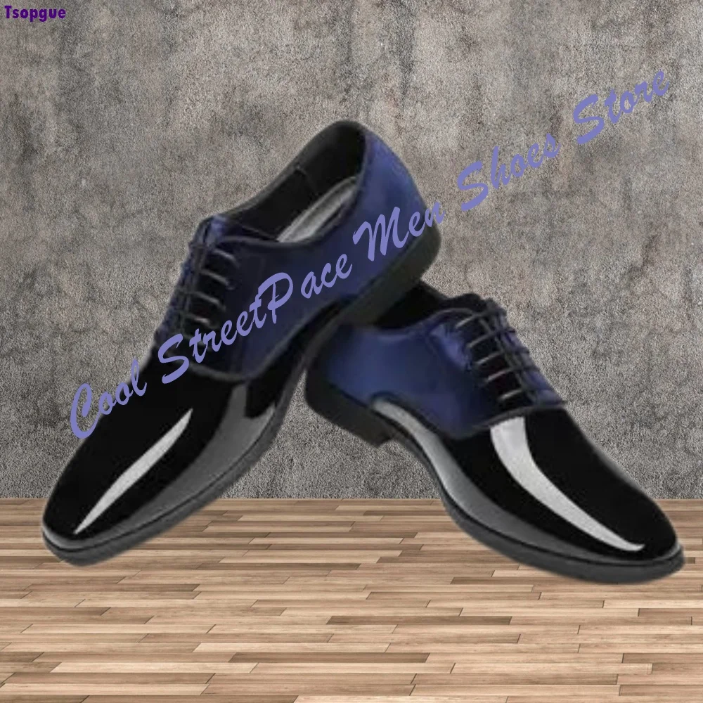 Men Patent Suede Splicing Oxford Shoes Black Shiny Leather Navy Velvet Lace Up Pointed Toe 2026 Men's Wedding Party Dress Shoes