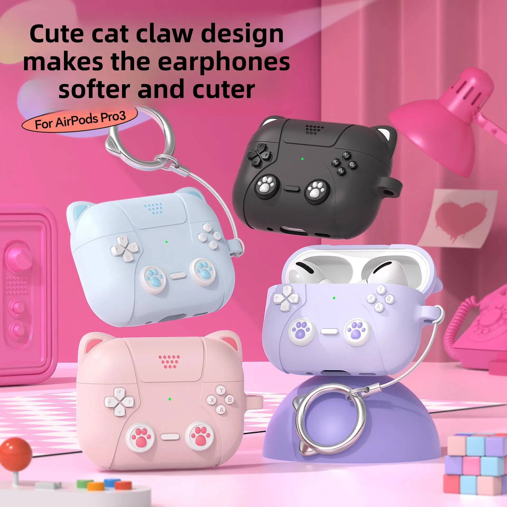 For Airpods Pro 3 Case Accessories Cute Cat's Paw Soft Silicone Protective Shockproof Case With Keychain for Airpods Pro 3