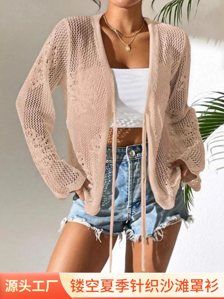 

Женский летний ажурный вязаный кардиган, пляжный кружевной кардиган, повседневный легкий свитер свободного кроя