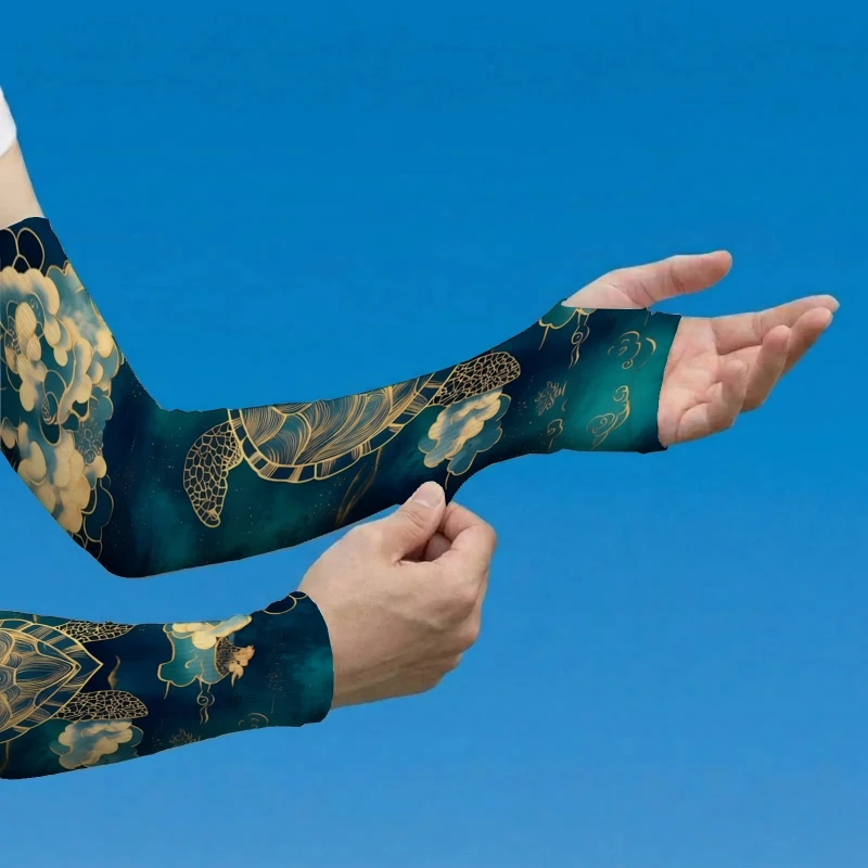 Unisex Cooling Arm Sleeves in Dark Blue with Golden Turtle and Auspicious Cloud Patterns, Featuring a Classic