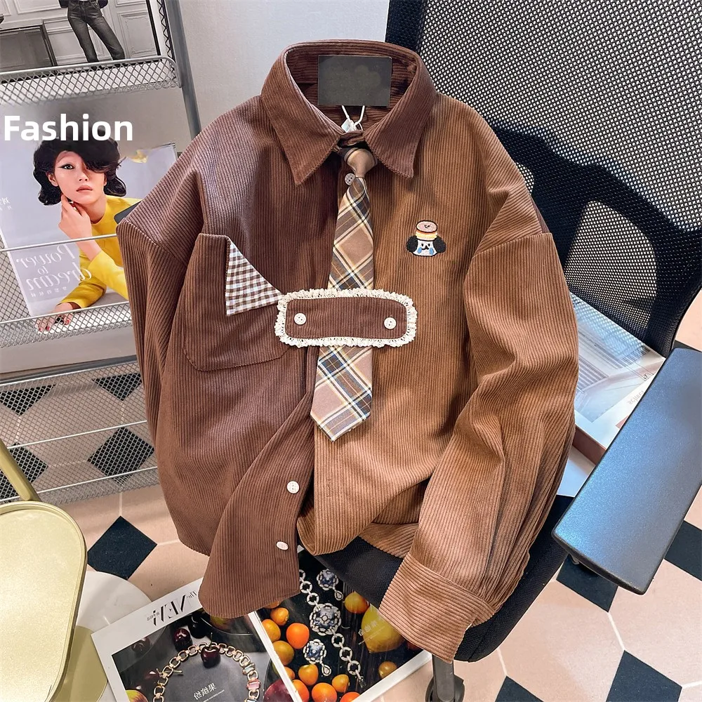 Retro American Contrast Color Embroidered Dog Tie Shirt Men's Women's Design Hong Kong Style Corduroy Shirt Jacket