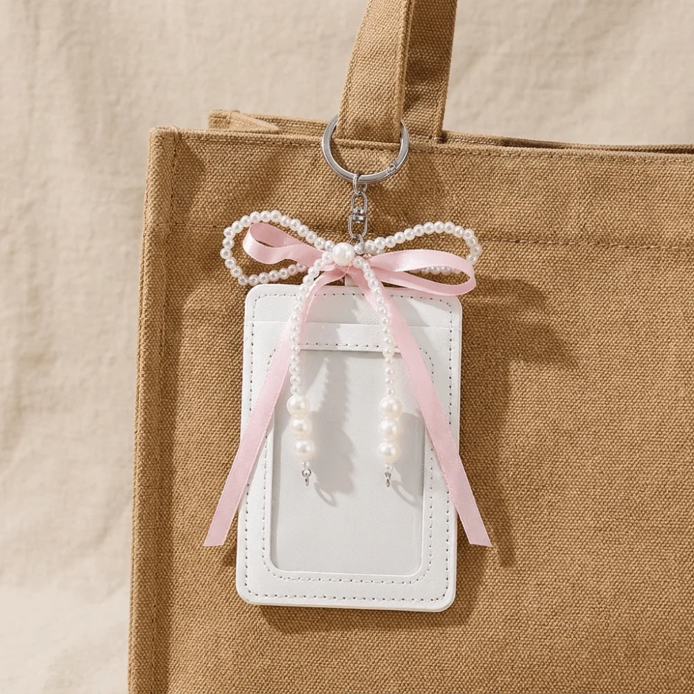 Fashion PU Leather Woman Wallet Thin Pearl Short Card Bag Photocard Holder Card Protective Bow Card Holder Lady