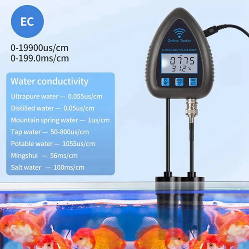 Enchufe inteligente estadounidense, Wifi Bluetooth 5 en 1 Probador de Calidad del Agua TDS/EC/SALT PH S.G.TEMP Monitor de Agua Digital para acuarios