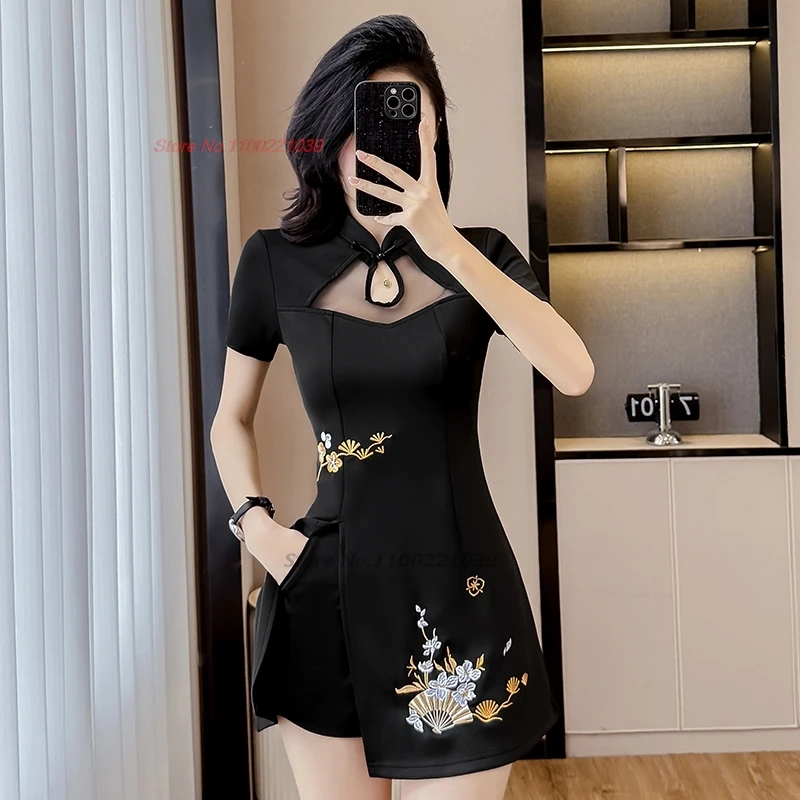 

2026 banquet dress hotel spa work beauty uniform chinese sxey nightclub dress flower embroidery improved cheongsam dress+shorts