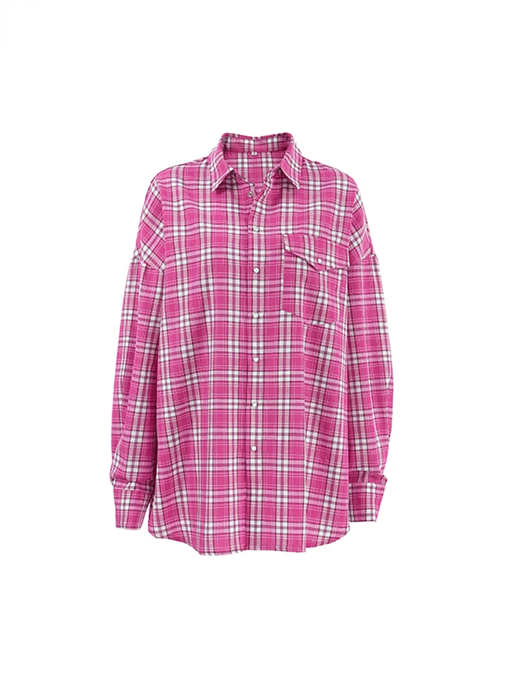 Pink Brightly Plaid Shirts For Women Spring Summer 2024 Long Sleeves Classic Lapel Blouses And Tops Oversize Checked