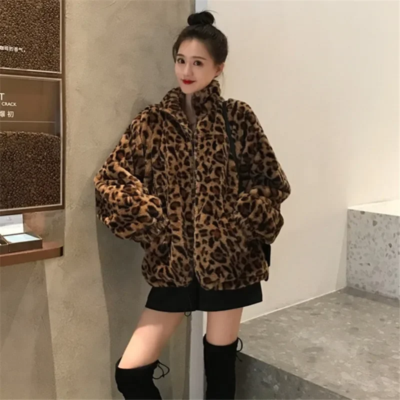 Inverno casual vison peludo leopardo casaco moda feminina falso pele solta oversize acolchoado casaco de pelúcia zíper velo algodão jaquetas