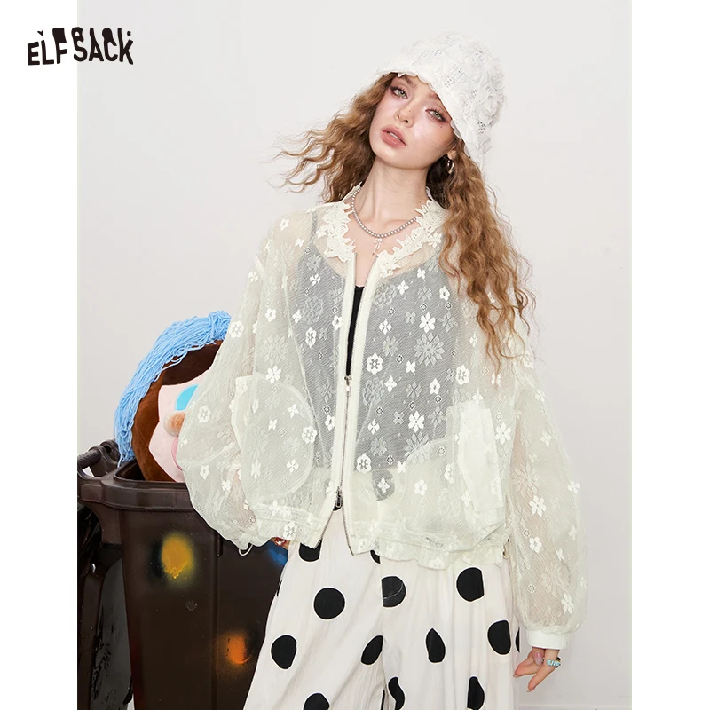 ELFSACK 2025 Summer New Arrival Casual White Lace Jacquard Openwork Cover-Up Lightweight Breathable Cardigan For Woman