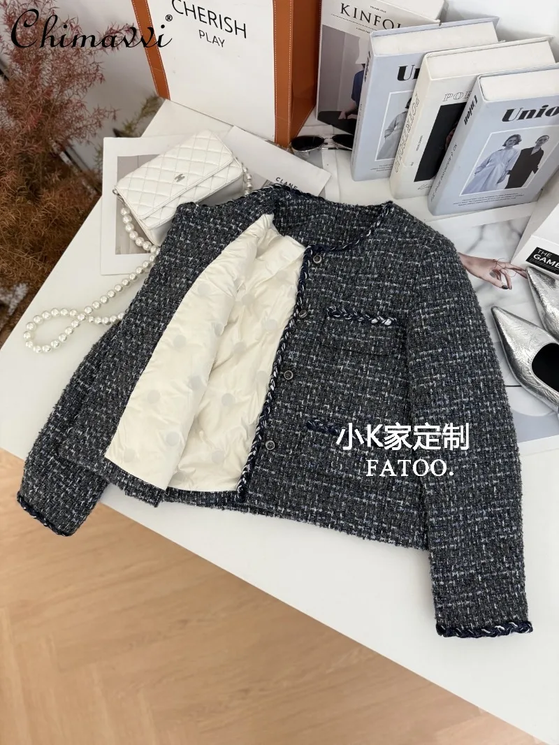2025年冬新作 高級ヘビーニット長袖スリムショートダウンコート レディースファッション シングルブレスト エレガントジャケットトップ