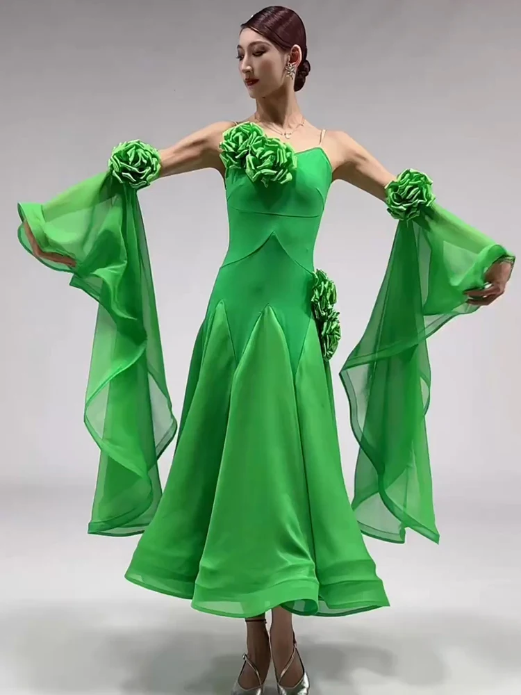 Ballroom Dans Jurk Vrouwen Zomer Standaard Moderne Dans Outfit Groene Dansvoorstelling Jurken Wals Competitie Kostuums 2409