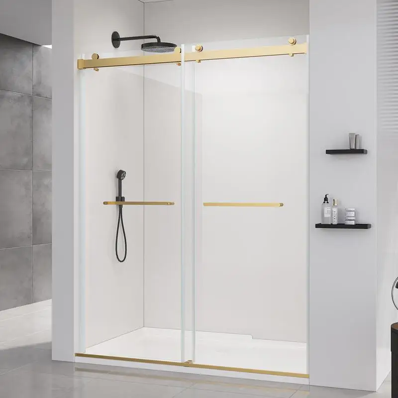 

56-60 Inch Frameless Double Sliding Soft-Close Shower Doors, 10mm Thick Tempered Glass with Brushed Gold Stainless Steel