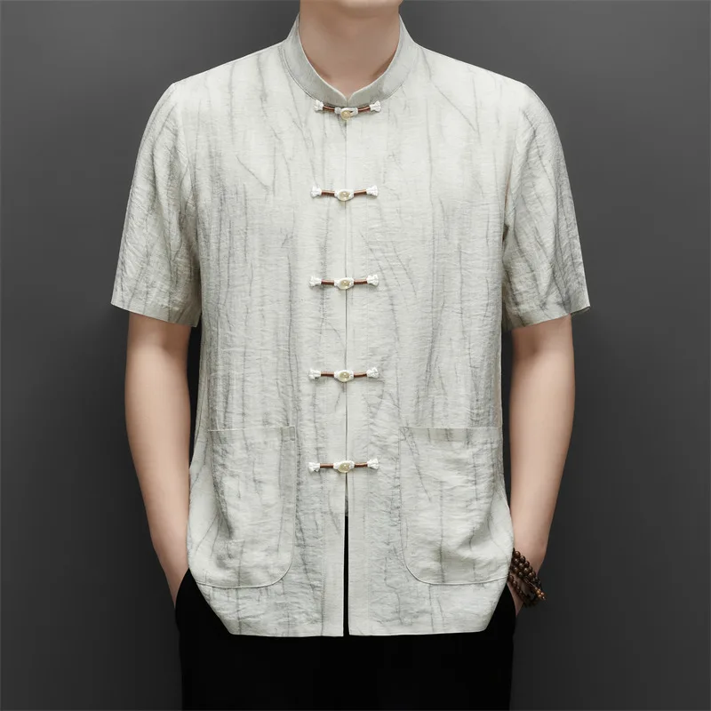 Print Tang Costume Luxury Shirts For Men Short Sleeve Lightweight Summer Linen 8.6% Blend Skin-Friendly Casual Camisas De Hombre