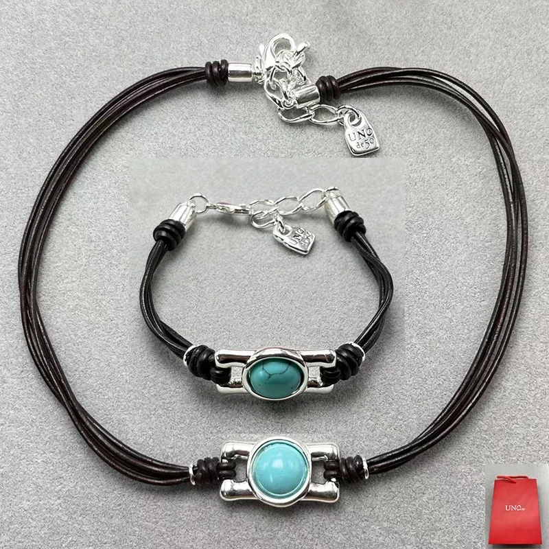 Luxury 2024 Spain UNOde Cute and Elegant Turquoise Leather Rope Bracelet Necklace Jewelry Set Women's Gift