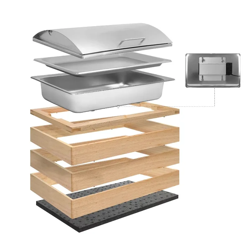 Electric buffet warmer with stainless steel base, modular design, brushed surface, with lid
