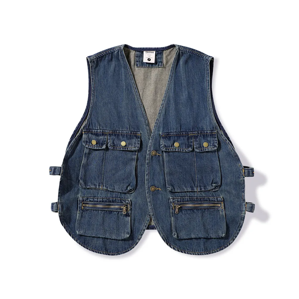 

2023 Men's Multi-Pocket Workwear Denim Vest Summer New Loose V-neck Vest