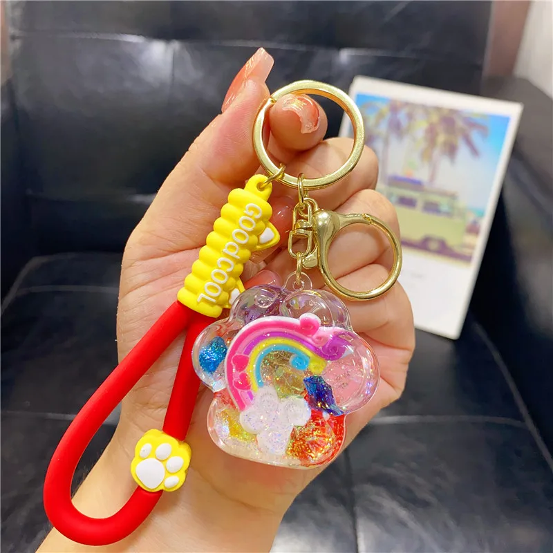 Cute Oil Ice Floating Rainbow Liquid Keychain Cartoon Beaded Cat Paw Bear Head Alarm Clock Quicksand Bottle Keyring Bag Pendant