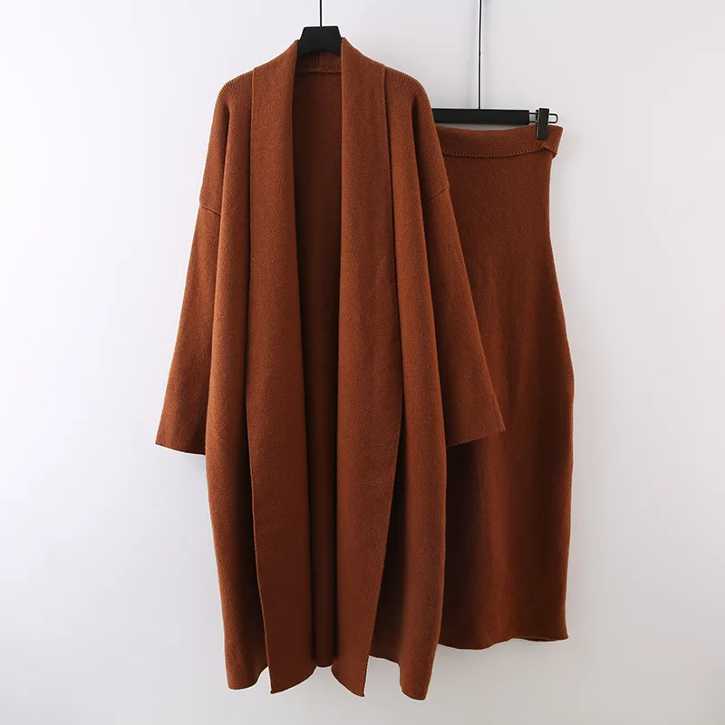 ZAMOR Chic High End Knit Set Women Fall Winter Loose Mid Length Cardigan Coat Tube Dress Two Piece Outfits Elegant