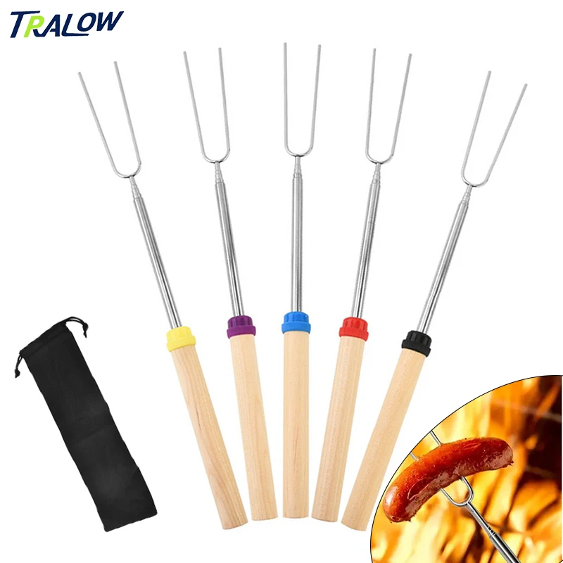 

TRALOW 5Pcs/Set Telescoping Marshmallow Roasting Sticks Wooden Handle Hot Dog Fork with Portable Bag for Campfire BBQ Camping