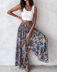 Women's Vintage Floral Print Shirred Wide Leg Pants Summer New Fashion Female Clothes Women High Waist Vacation Casual Trousers