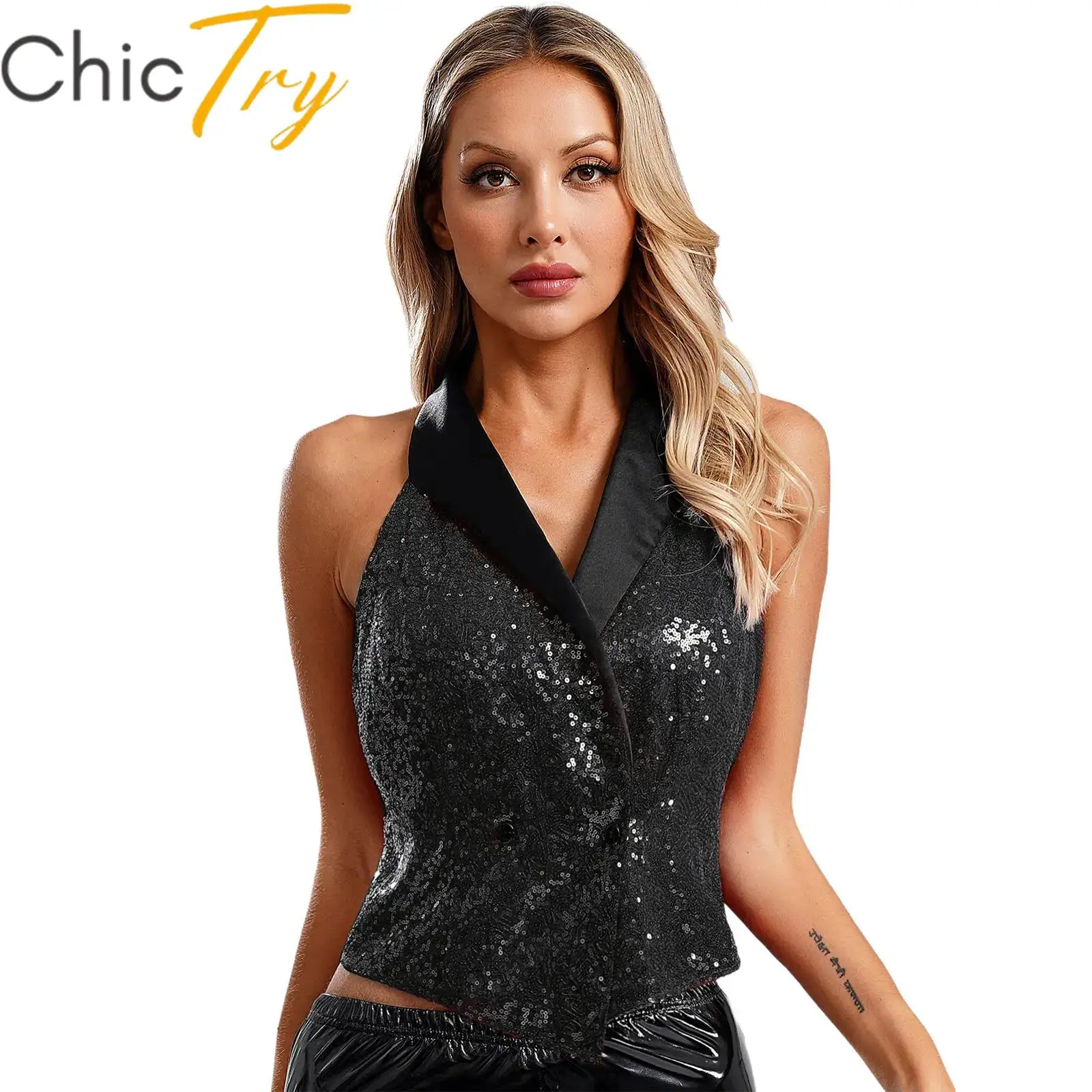 Sequined Vest Womens Waistcoat Fashion Sleeveless Glitter Sparkly Blouse Tank Tops Female V Neck Dressy Tops for Nightclub Party