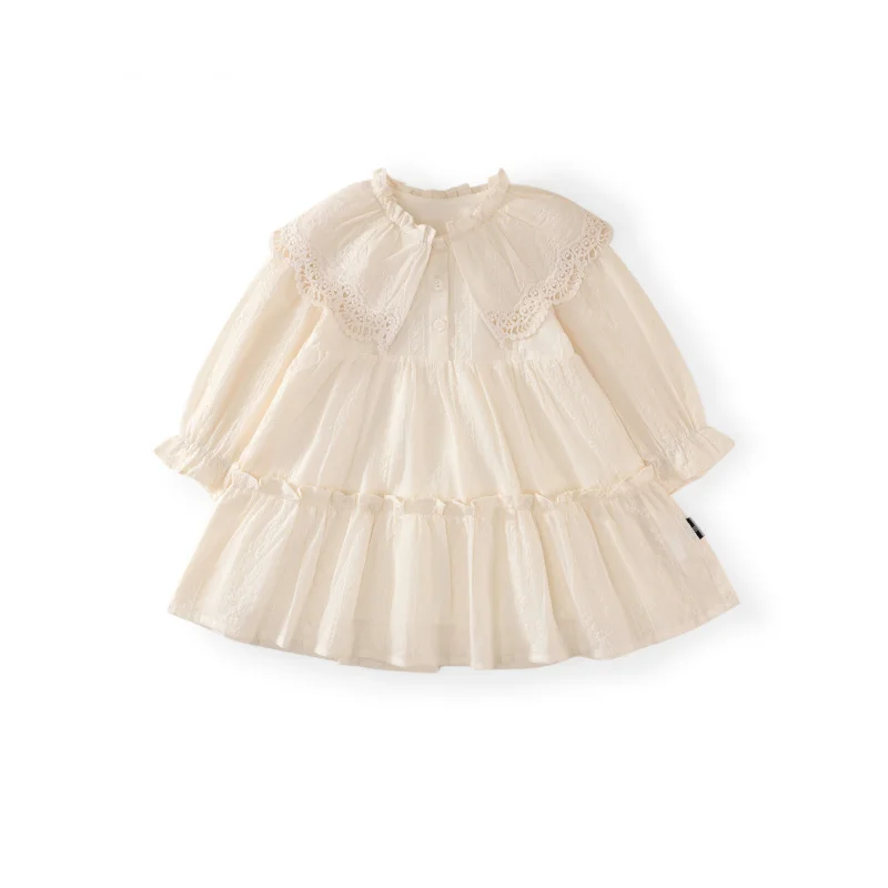 

Girls' Dress2025Spring and Autumn Baby Girl Lapel Lace Trim Stylish Children's Long Sleeve Princess Dress