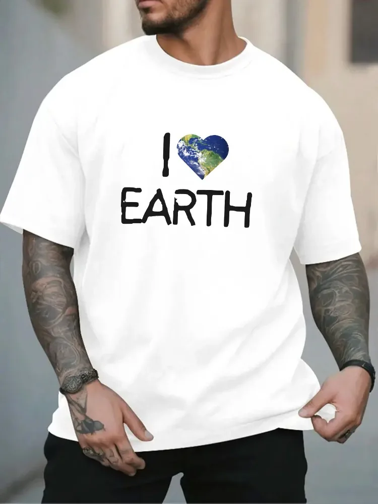 Men Crew Neck Short Sleeve Tee I Love Earth Globe Heart Graphic Soft Cotton Oversized Male Summer Outdoor Daily Casual Basic Top