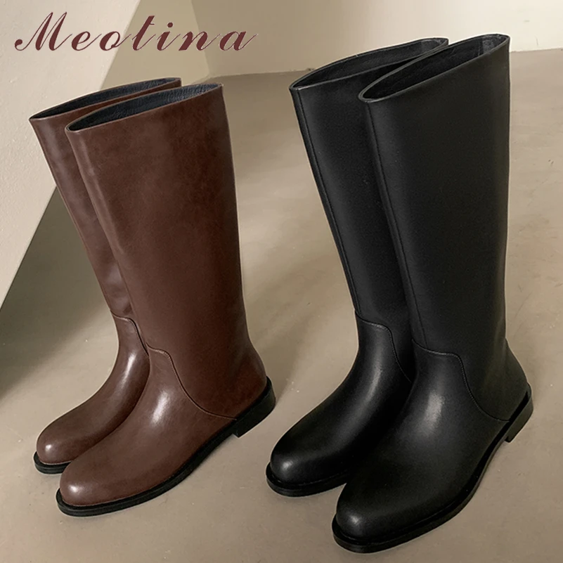 

Meotina Women Genuine Leather Knee High Long Boots Round Toe Flats Concise Design Riding Boots Lady Fashion Shoes Autumn Winter