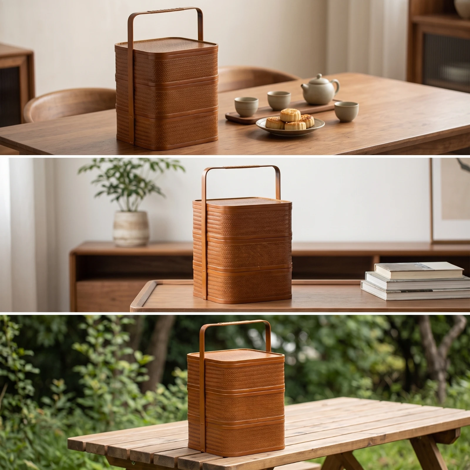 Three-Tier Carrying Box Stackable Woven Box with Handle Bamboo Storage Basket with Lid Portable Storage Basket with Lid Stacked