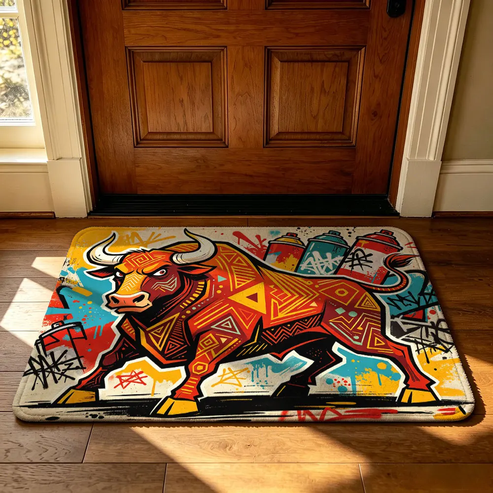 Graffiti Bull Pattern Felt Door Mat Street Trend Style Entryway Rug Non-slip Washable Front Door Mat for Home Decor