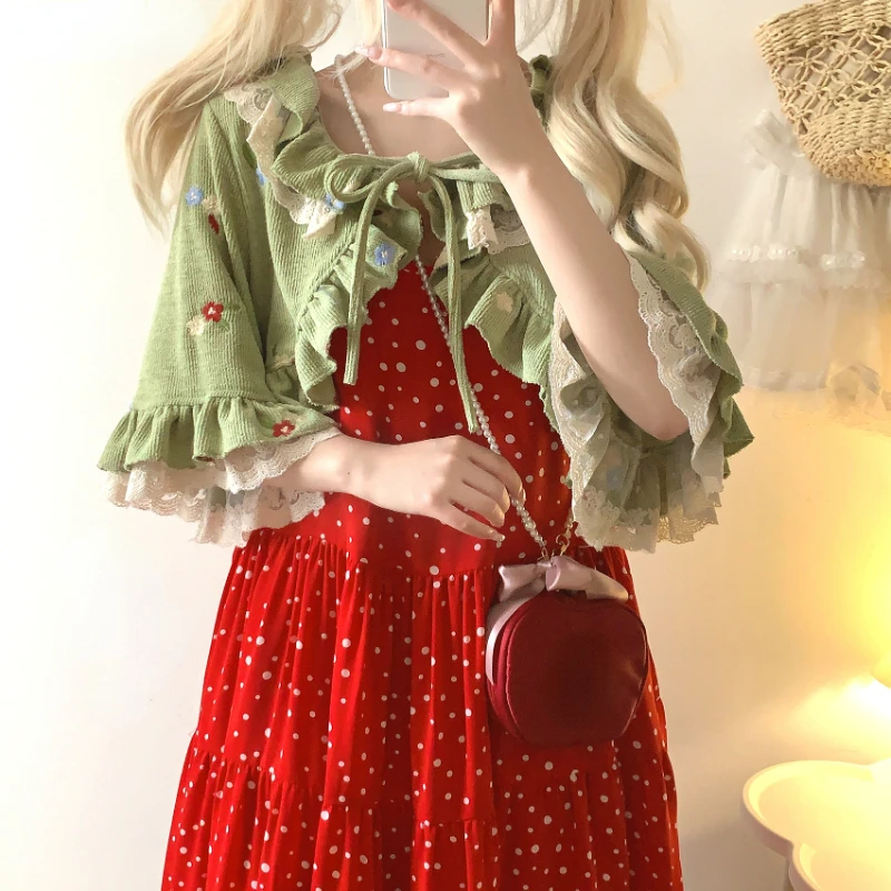 Kawaii Cute Lolita Style Short Cardigan Women Sweet Flower Ruffles Lace-ups Knitted Coat Korean Fashion Casual Crop Cloak Tops