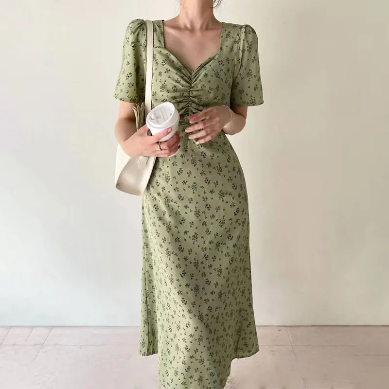 Chic Spring Summer Floral Print Bal Hollow out ort Sve Square Ne Dstring Waist Skirt for Women Commute Sle H...