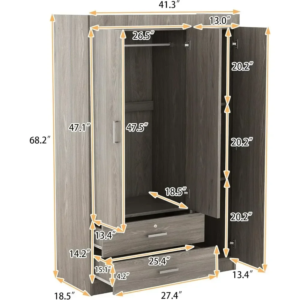 3 Doors Armoire Closet Select, Large Freestanding Armoire Wardrobe Cabinet with 2 Drawers,  Wood Grain Effect in Gray,Wardrobes