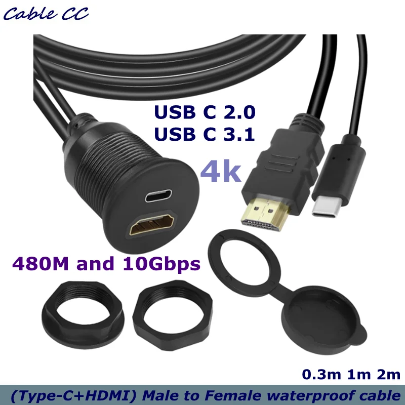 1m Threaded Flush Mount Waterproof Cable Adapter USB C 2.0/3.1+HDMI-compatible Male to Female Panel Mount Extension Cable,