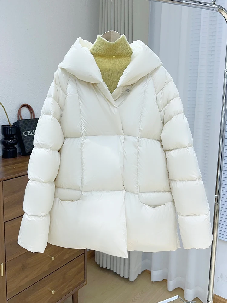 

Winter Loose Solid Pocket Quilted Cotton Jacket Female Thickening Hooded Down Jacket Women Warm White Duck Down Parker Outwears