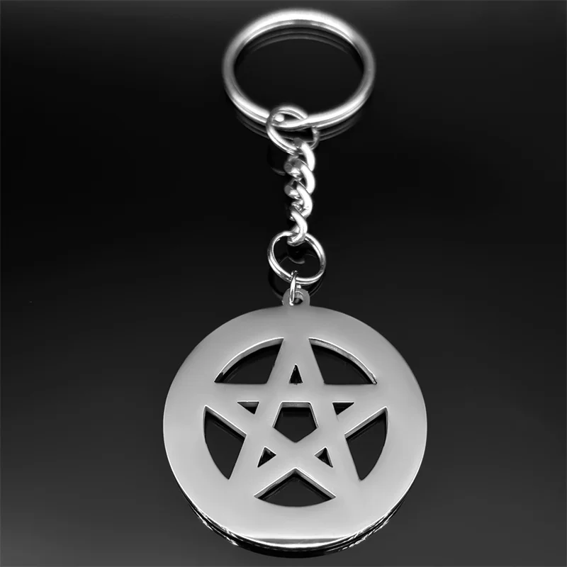 Viking Nordic Rune Pentacle Key Chain for Women Men Stainless Steel Witch Pentagram Supernatural Pagan  Key Ring Jewelry Gift