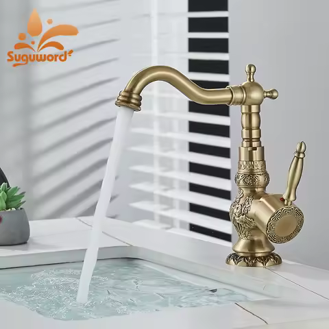Retro Antique Brass Basin Faucet KItchen Faucet Short/Tall Deck Mount Single Handle Cold Hot Water Mixer Bathroom Sink Tap