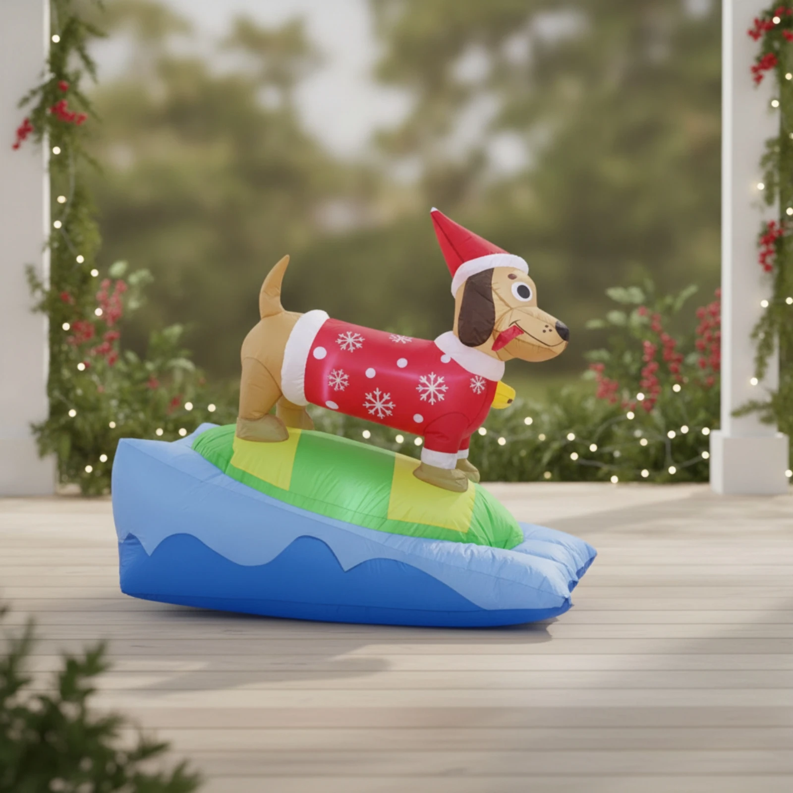 Christmas Inflatable Dachshund Lighted Inflatable Dog with Surfboard Inflate Dachshund Festive Yard Decoration Easy to Use