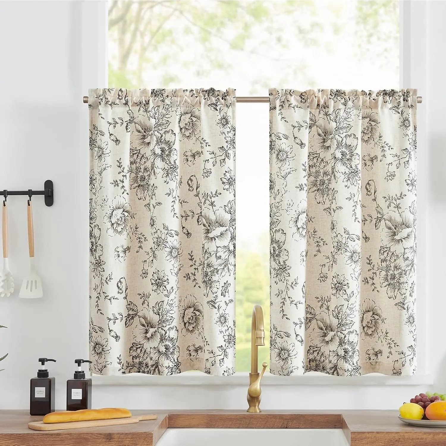 Cottagecore Floral Curtains Pair Botanical Print Polyester Drapes for Living Room Window Decoration Vintage Style Home Decor