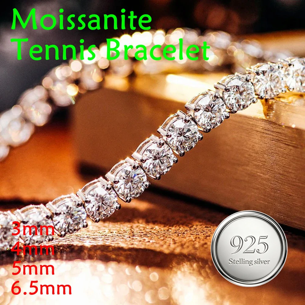 Real Moissanite Tennis Bracelet for Women Men 3/4/5/6.5mm Lab Diamond Bangle with Certificates S925 Sterling Silver Fine Jewelry