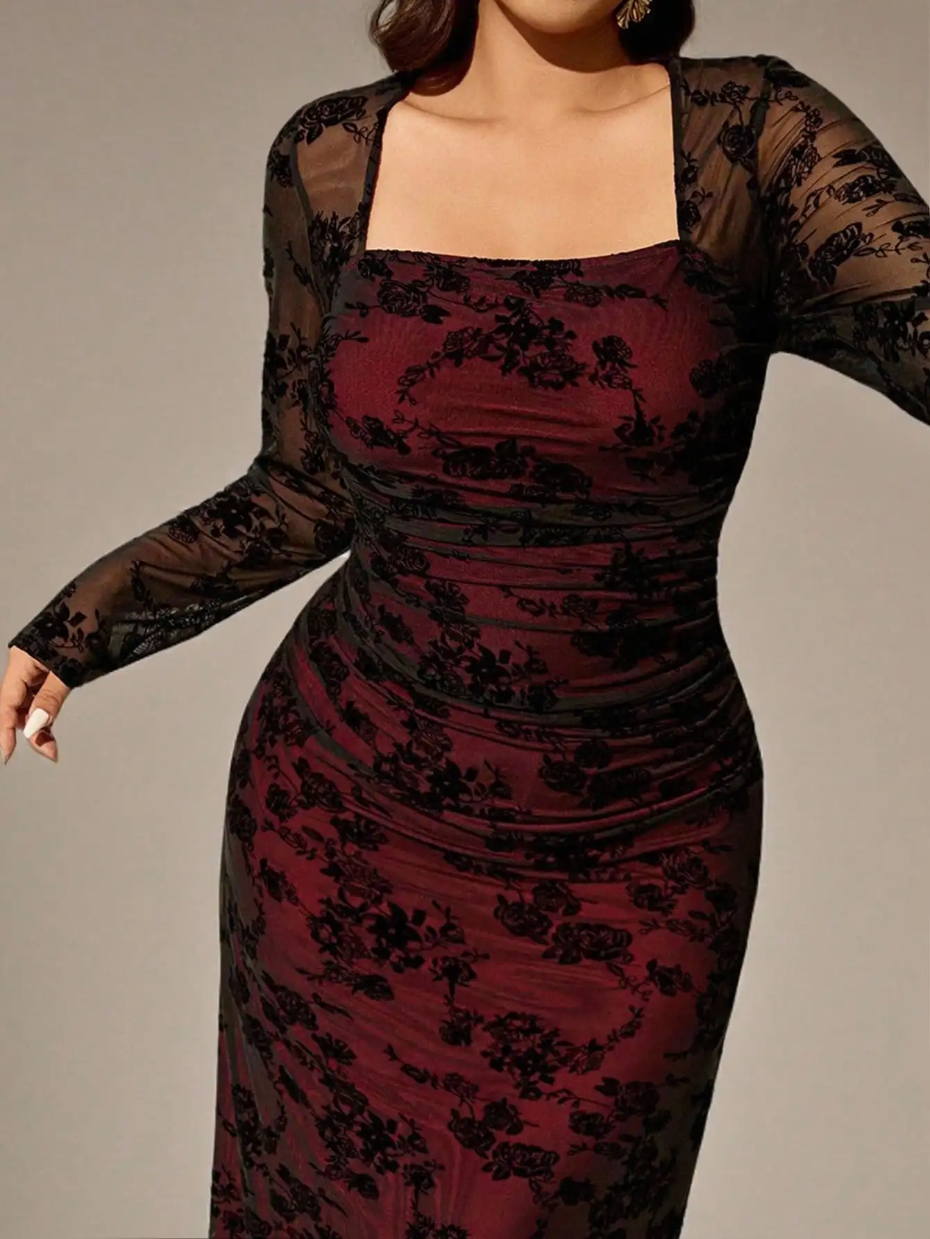 

Women's Velvet Jacquard Long Sleeve Square Neck Ruched Bodycon Maxi Dress with Floral Lace Overlay