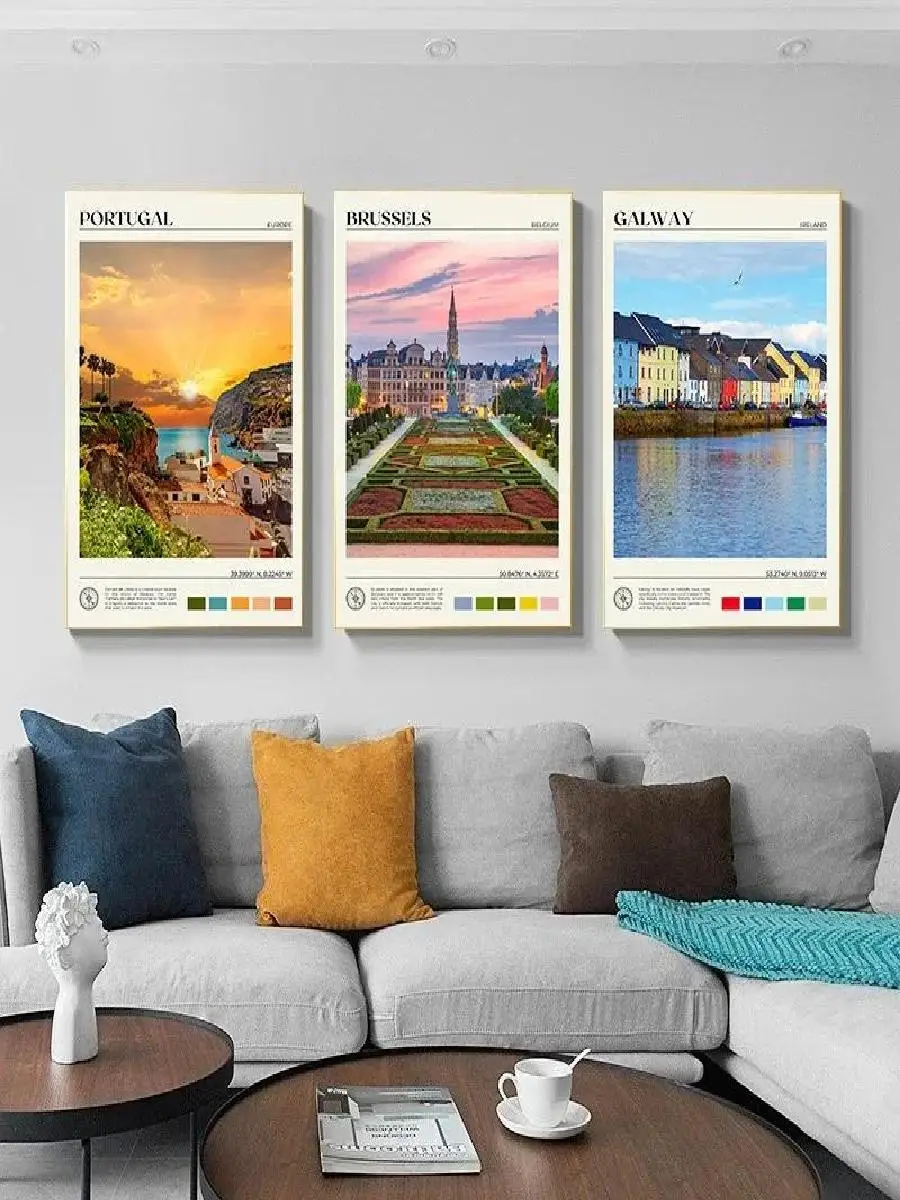 European Cityscape Canvas Art  Galway Skopje Stockholm Reykjavik Brussels Travel Poster Wall Decor for Home and Office