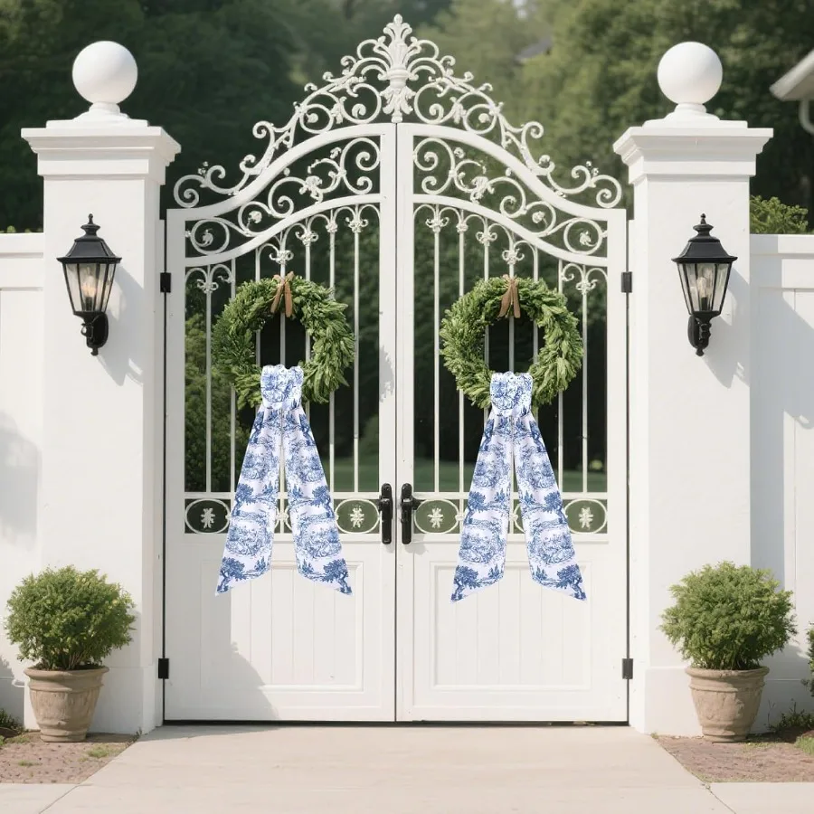 Blue Freh Toile Sash for Wreaths 2 Pcs Rustic Wreath Sashes for Front Door Kitchen Cabinet Wreath Sash for Monogram Embroidery